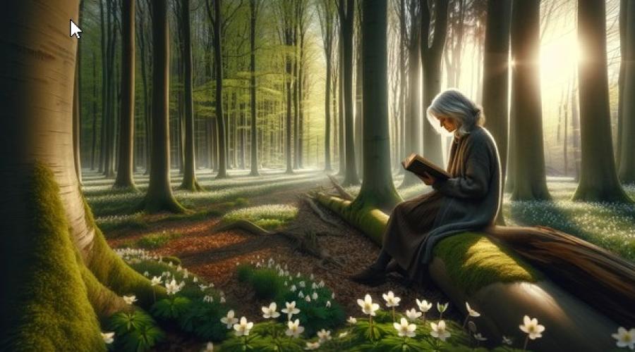 En kvinde læser i en bog i skoven - et AI billede